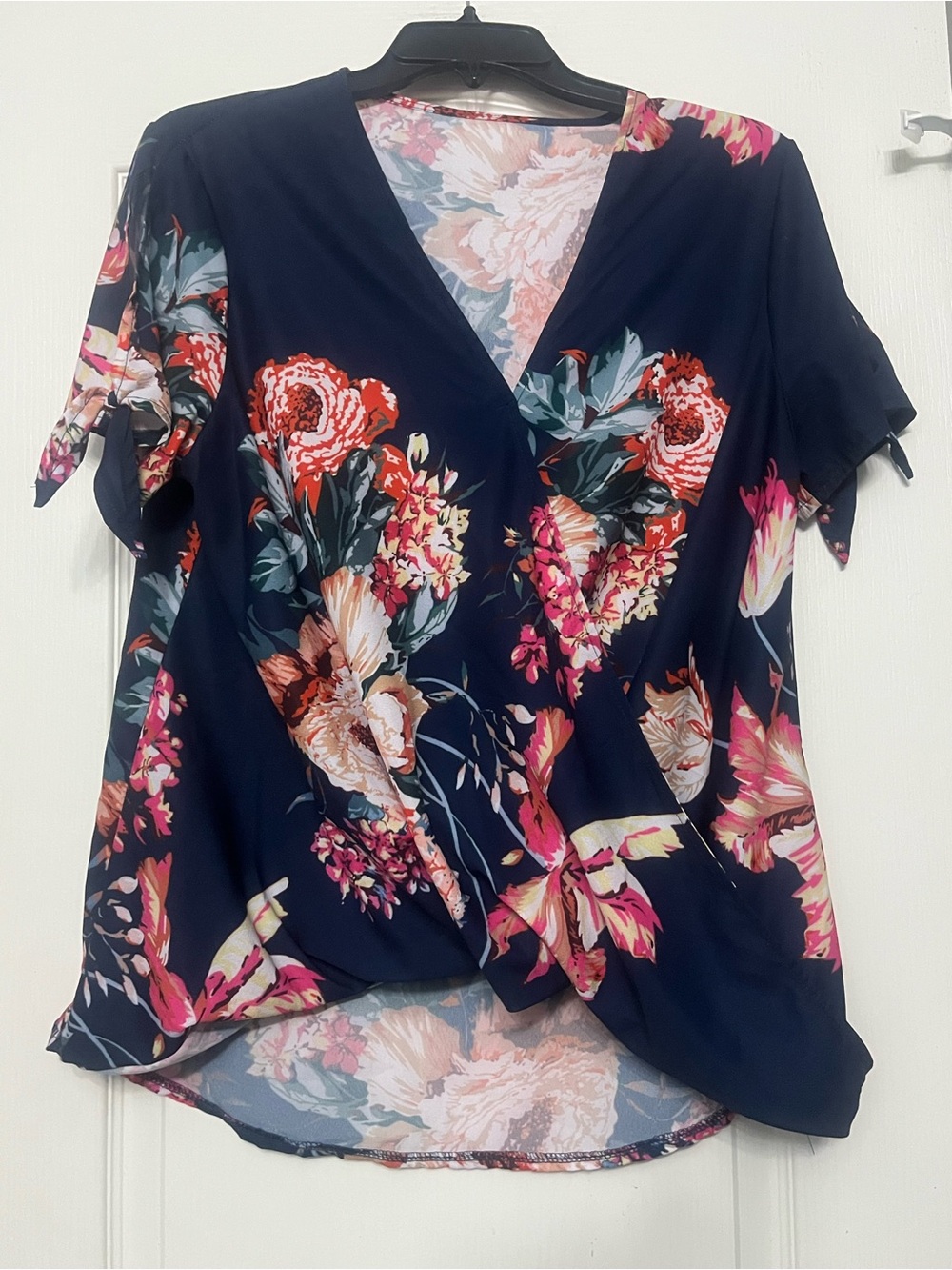 Amazon Navy Floral Wrap-Style Blouse